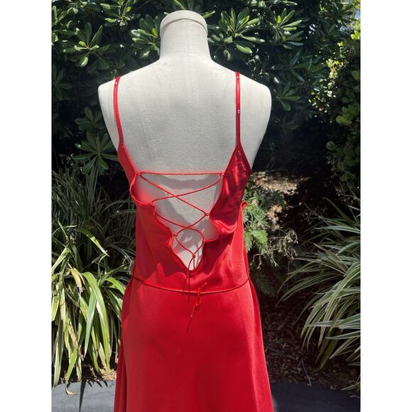 Vintage Y2K Red Satin Maxi Slip Dress Lace Up Rhinestones Lingerie - Picture 7 of 7